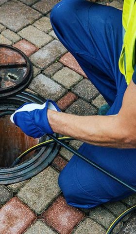 service worker cleaning blocked sewer line with hydro jetting